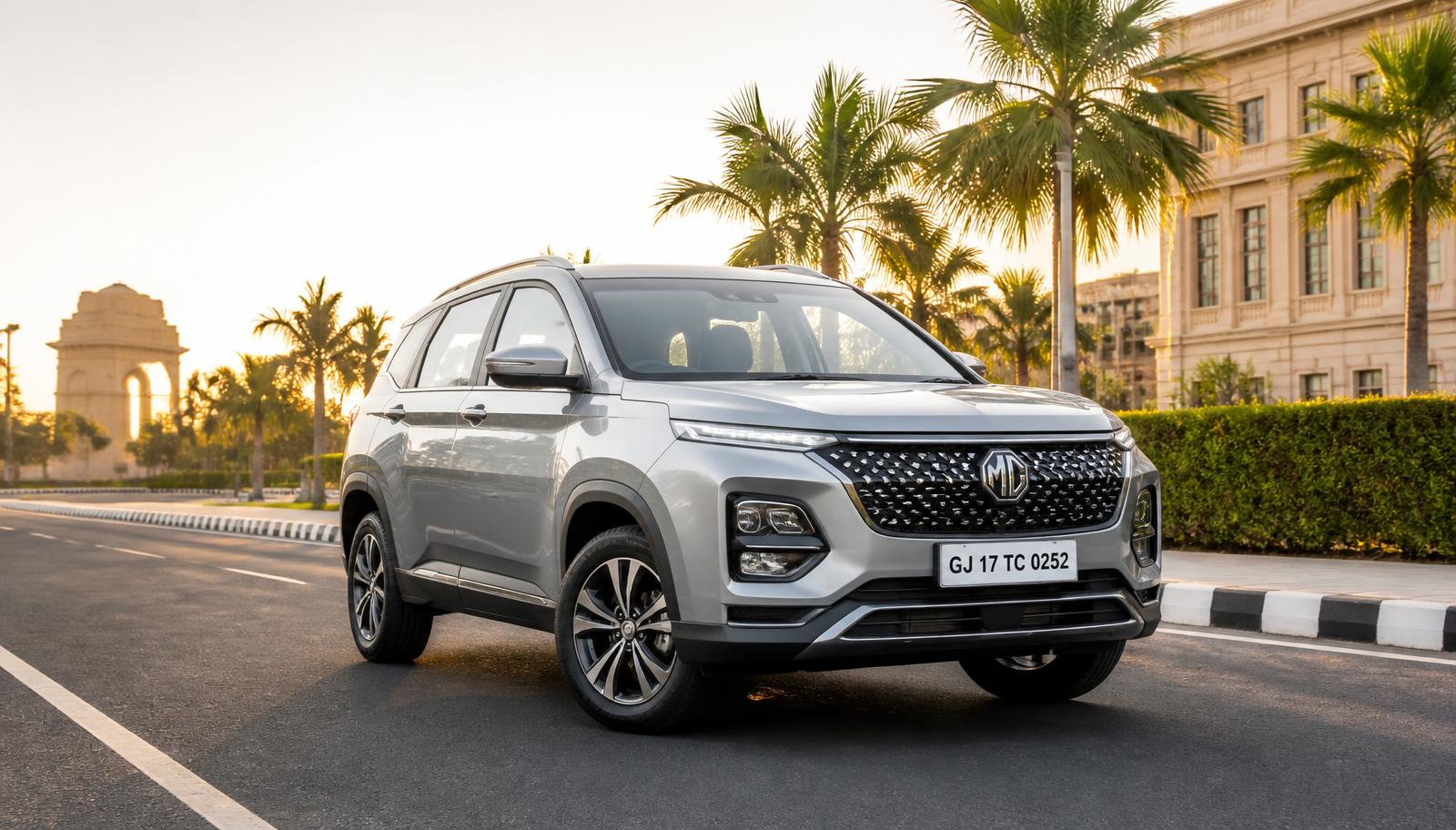 Silver SUV on a city road in India at golden hour
